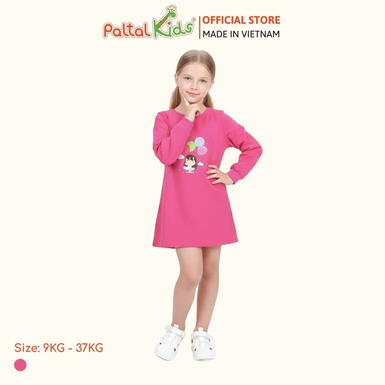 Đầm Dáng A Tay Dài Cotton Mỹ Hình In Cô Gái Bóng Bay Bé Gái Cao Cấp - 02C 8011
