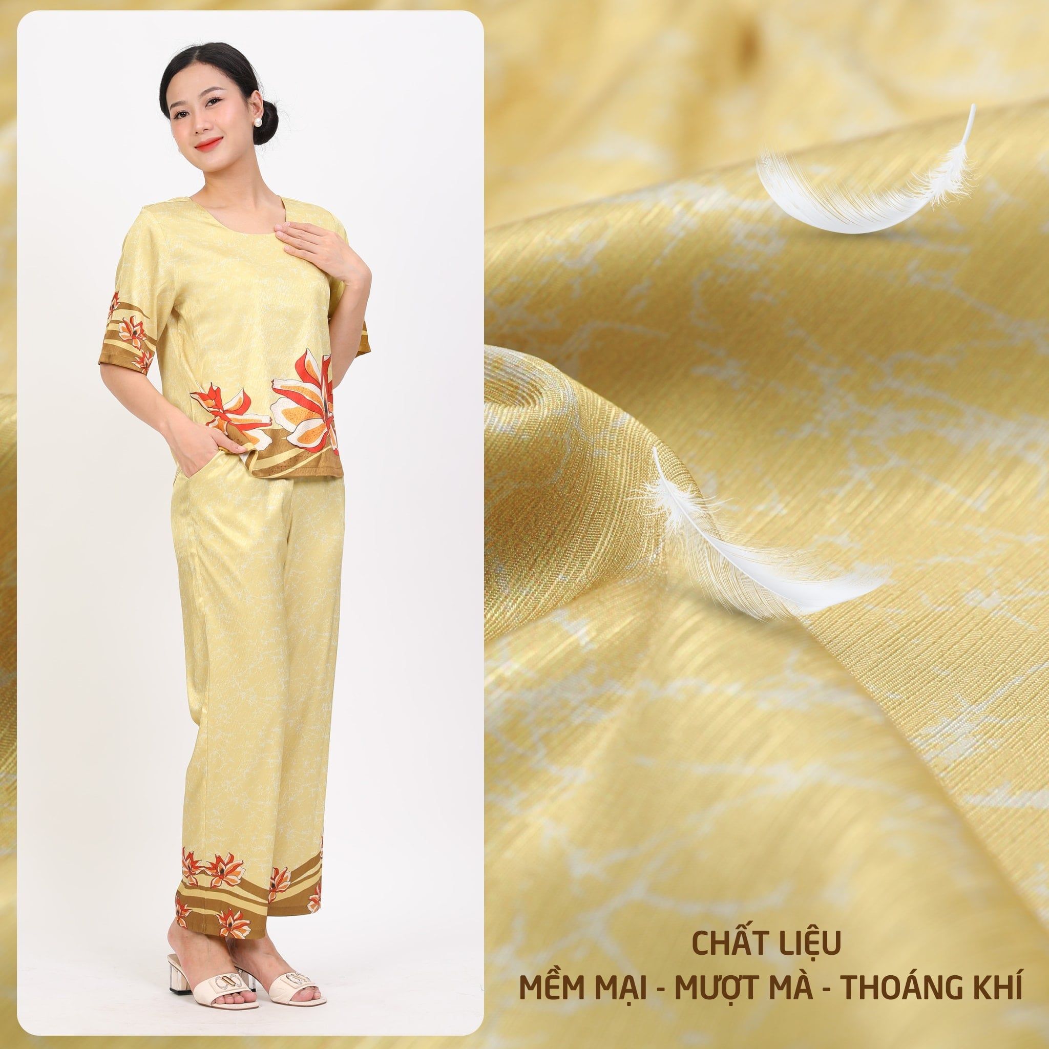 Set đồ bộ nữ kiểu quần dài tay ngắn chất lụa nhung 263p 6057
