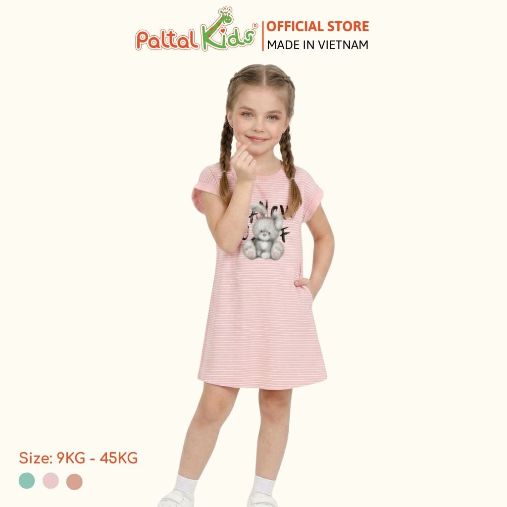 Đầm Dáng A Cánh Dơi Hình In Thỏ Xám Cotton Mỹ Bé Gái Cao Cấp - 02C 8024