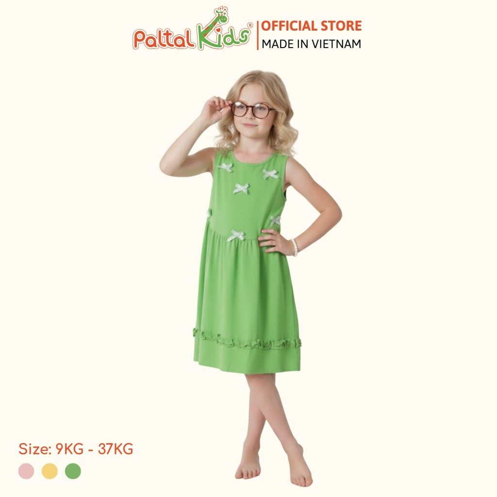 Đầm Dáng Xòe Tay Bản Đính Nơ Cotton Mỹ Bé Gái Cao Cấp - 02C 8033