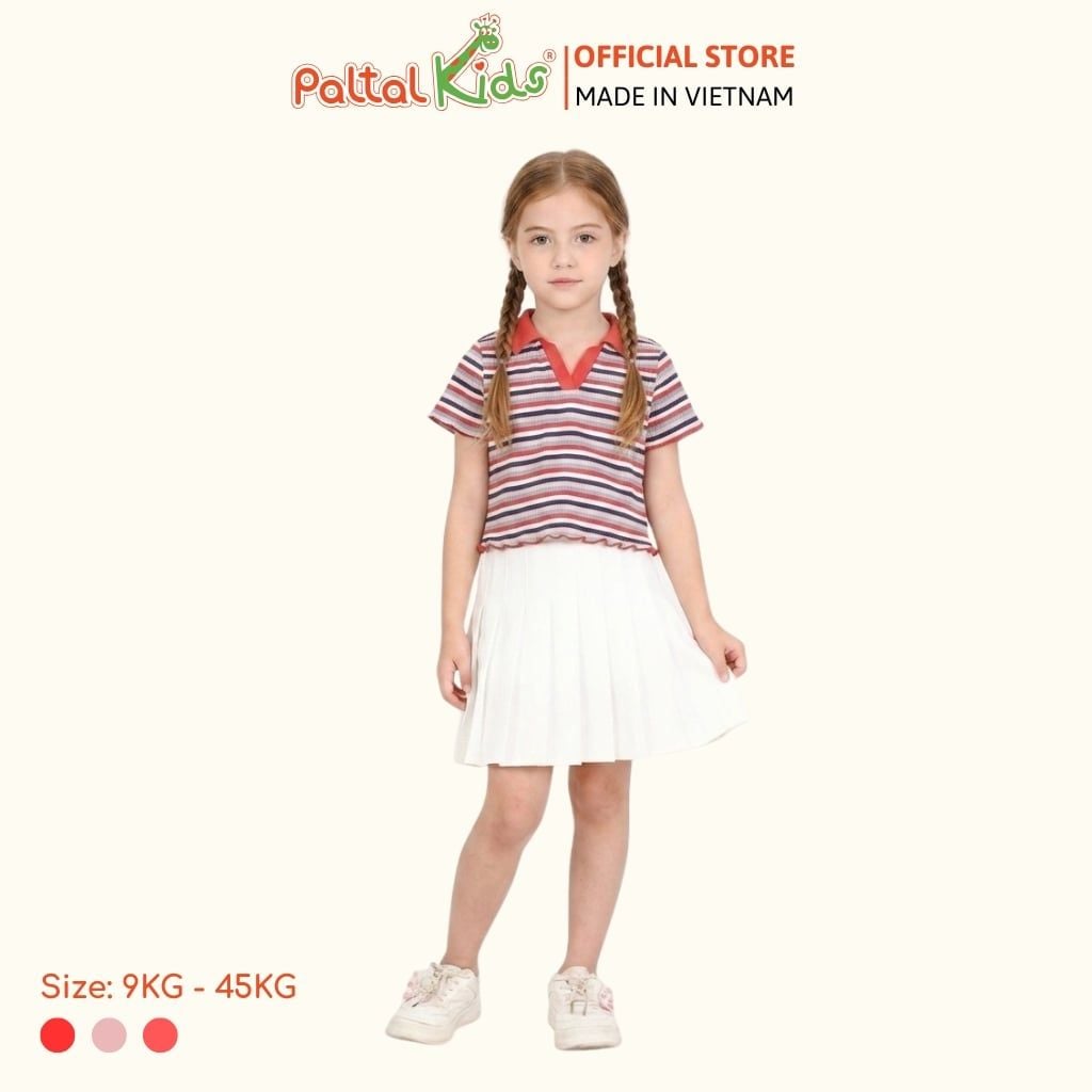 Áo Thun Croptop Cổ Polo Cotton Sọc Gân Bé Gái Cao Cấp - 020 1419