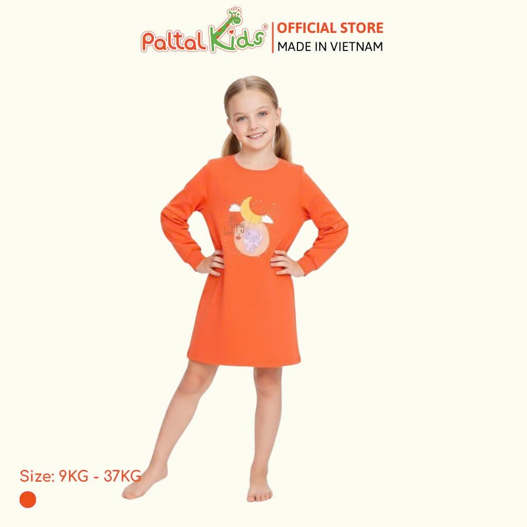 Đầm Dáng A Tay Dài Cotton Mỹ Hình In Chú Voi Con Bé Gái Cao Cấp - 02C 8009