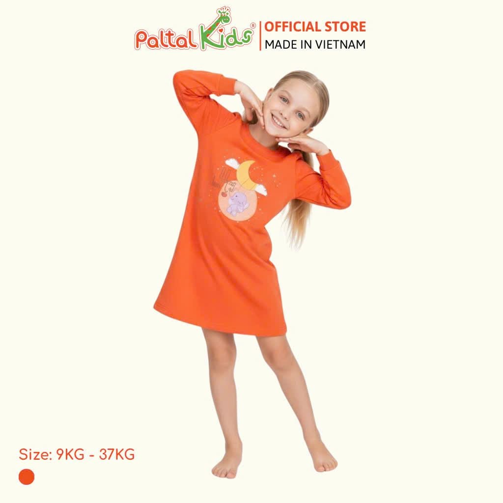 Đầm Dáng A Tay Dài Cotton Mỹ Hình In Chú Voi Con Bé Gái Cao Cấp - 02C 8009