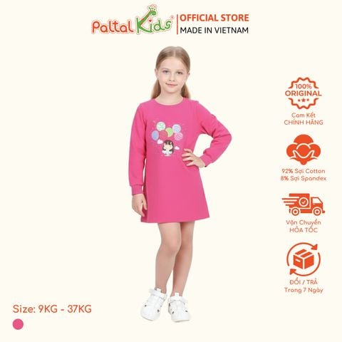 Đầm Dáng A Tay Dài Cotton Mỹ Hình In Cô Gái Bóng Bay Bé Gái Cao Cấp - 02C 8011