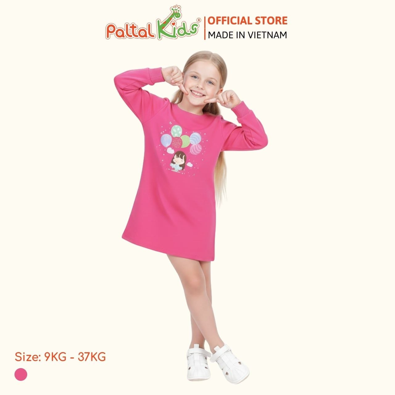 Đầm Dáng A Tay Dài Cotton Mỹ Hình In Cô Gái Bóng Bay Bé Gái Cao Cấp - 02C 8011