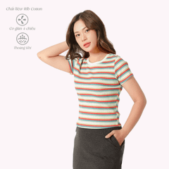 Áo thun nữ tay ngắn form suông cổ tròn rib sọc chất cotton siêu mát 220p 0275