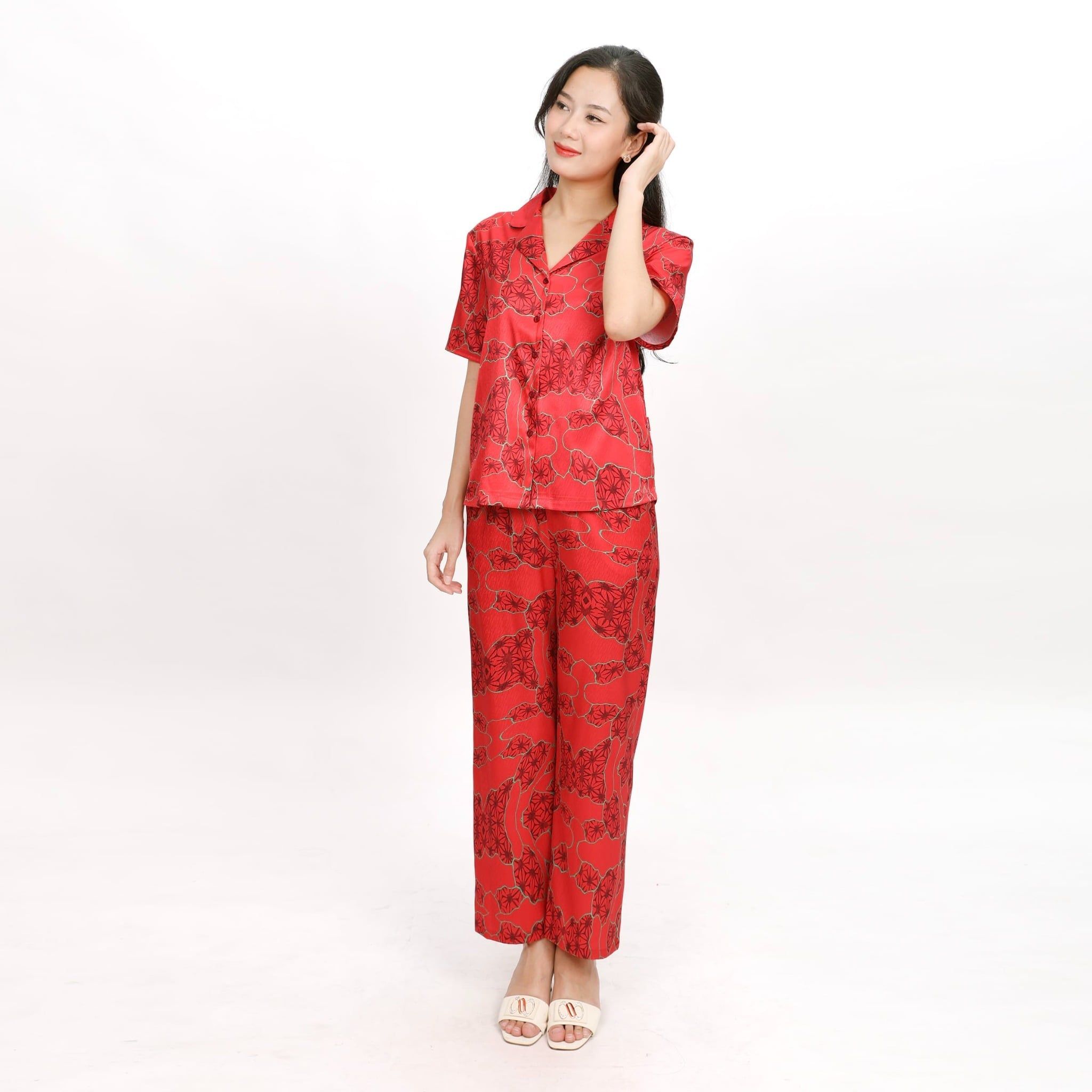 Set đồ bộ nữ kiểu quần dài tay ngắn in hoa chất lụa nhung BDTN 263p 6055