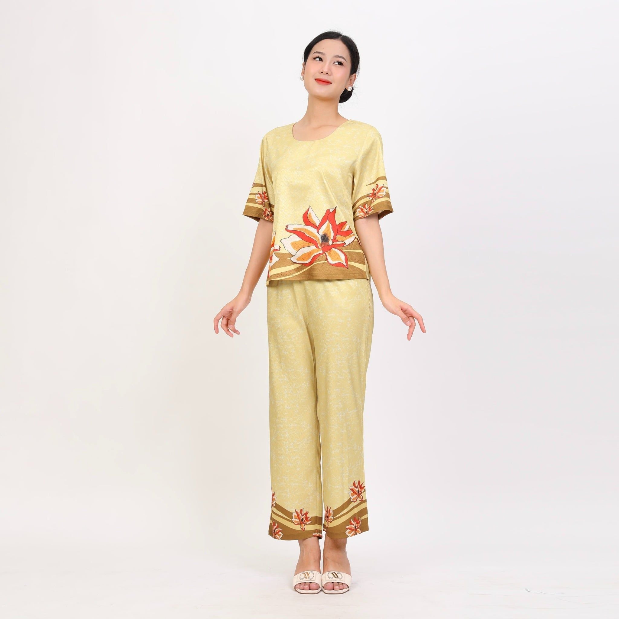 Set đồ bộ nữ kiểu quần dài tay ngắn chất lụa nhung 263p 6057
