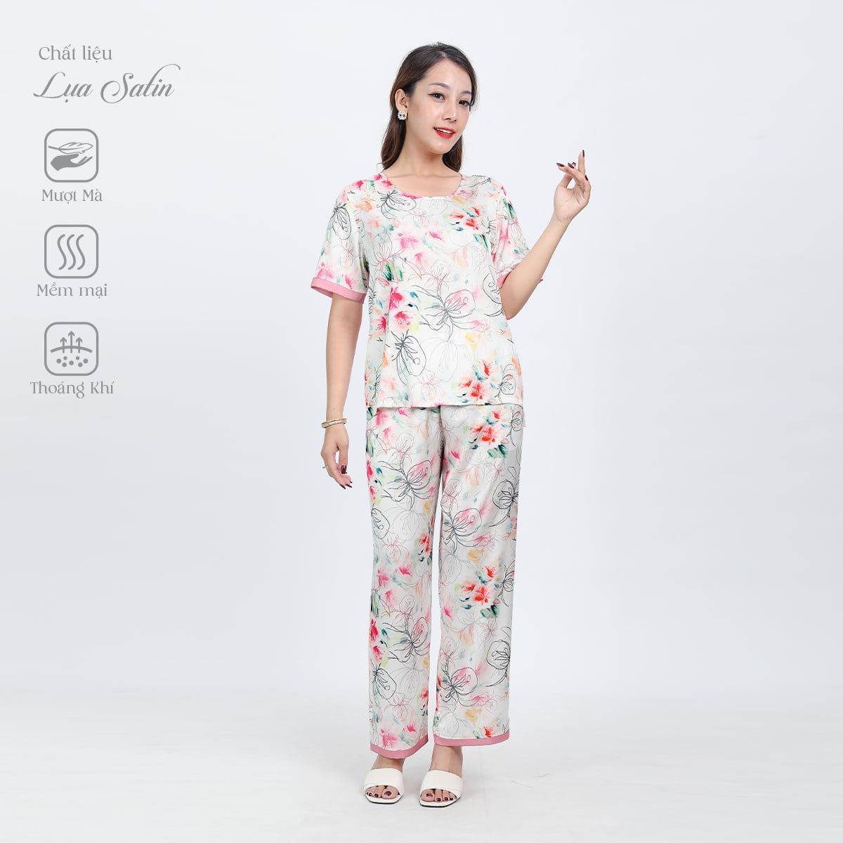 Set đồ bộ nữ kiểu quần dài tay ngắn chất lụa nhung 263p 3363