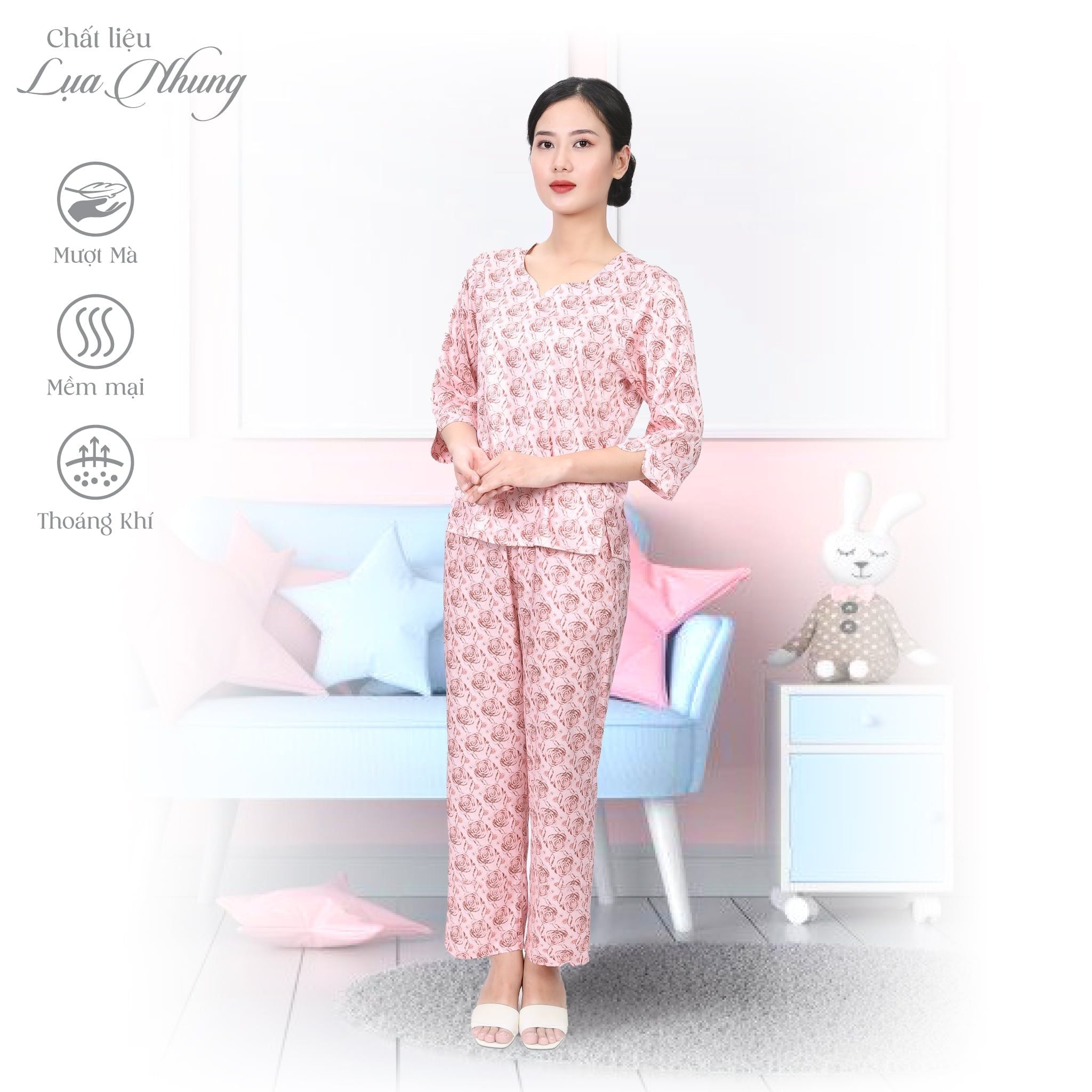 Set đồ bộ nữ kiểu quần dài tay lỡ chất lụa nhung 263p 6001
