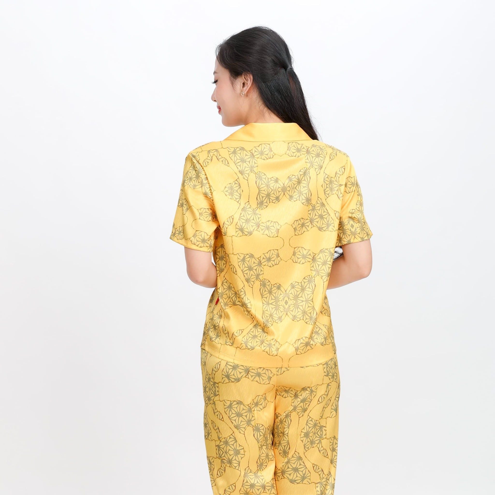 Set đồ bộ nữ kiểu quần dài tay ngắn in hoa chất lụa nhung BDTN 263p 6055