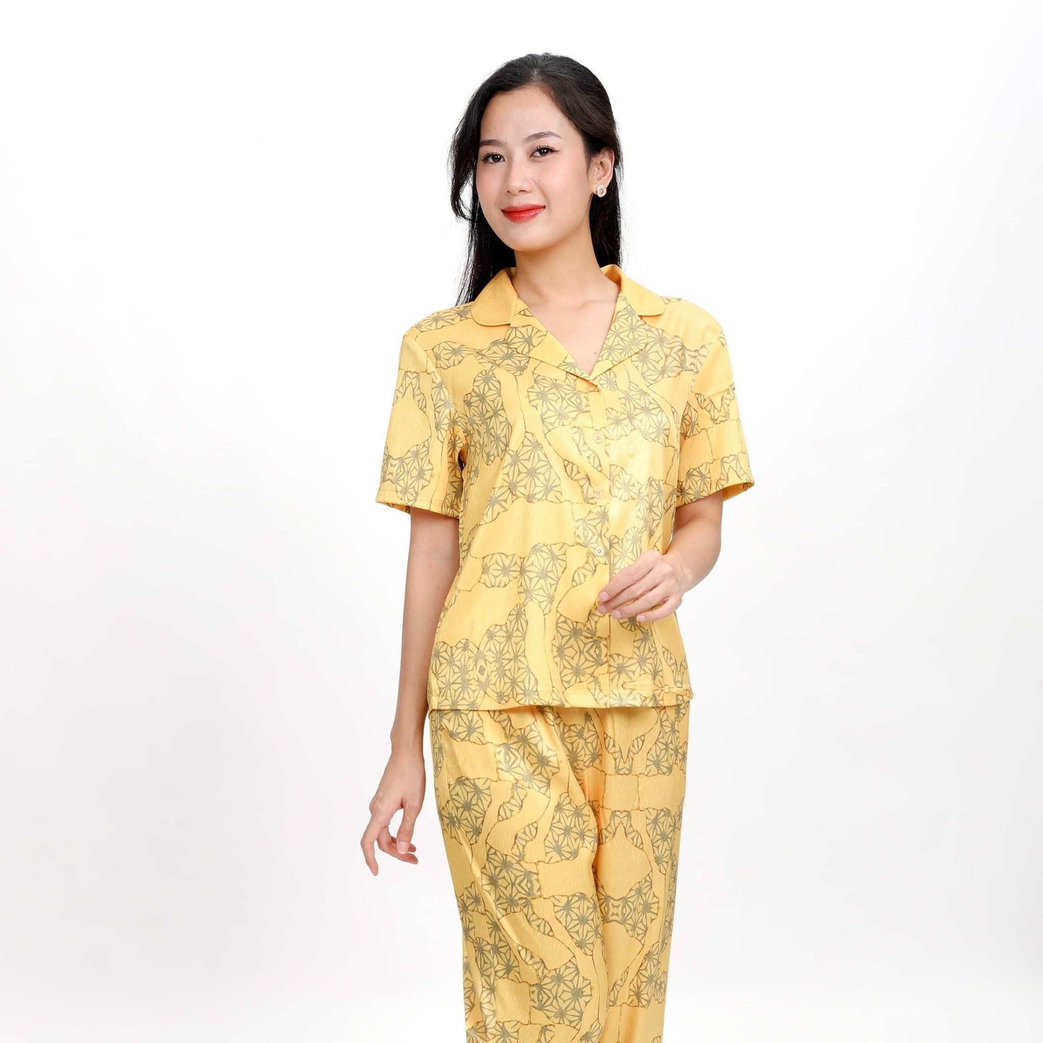 Set đồ bộ nữ kiểu quần dài tay ngắn in hoa chất lụa nhung BDTN 263p 6055
