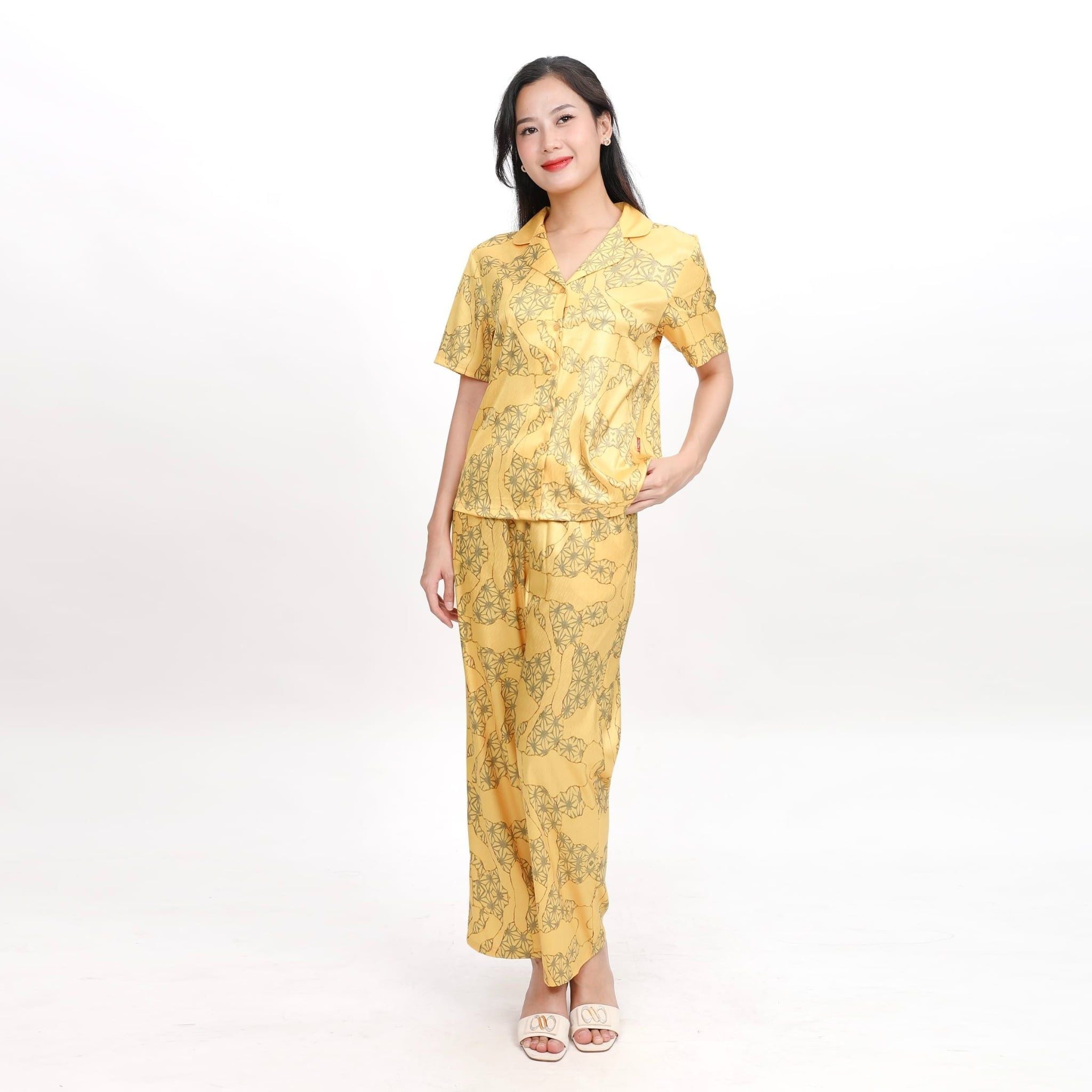Set đồ bộ nữ kiểu quần dài tay ngắn in hoa chất lụa nhung BDTN 263p 6055