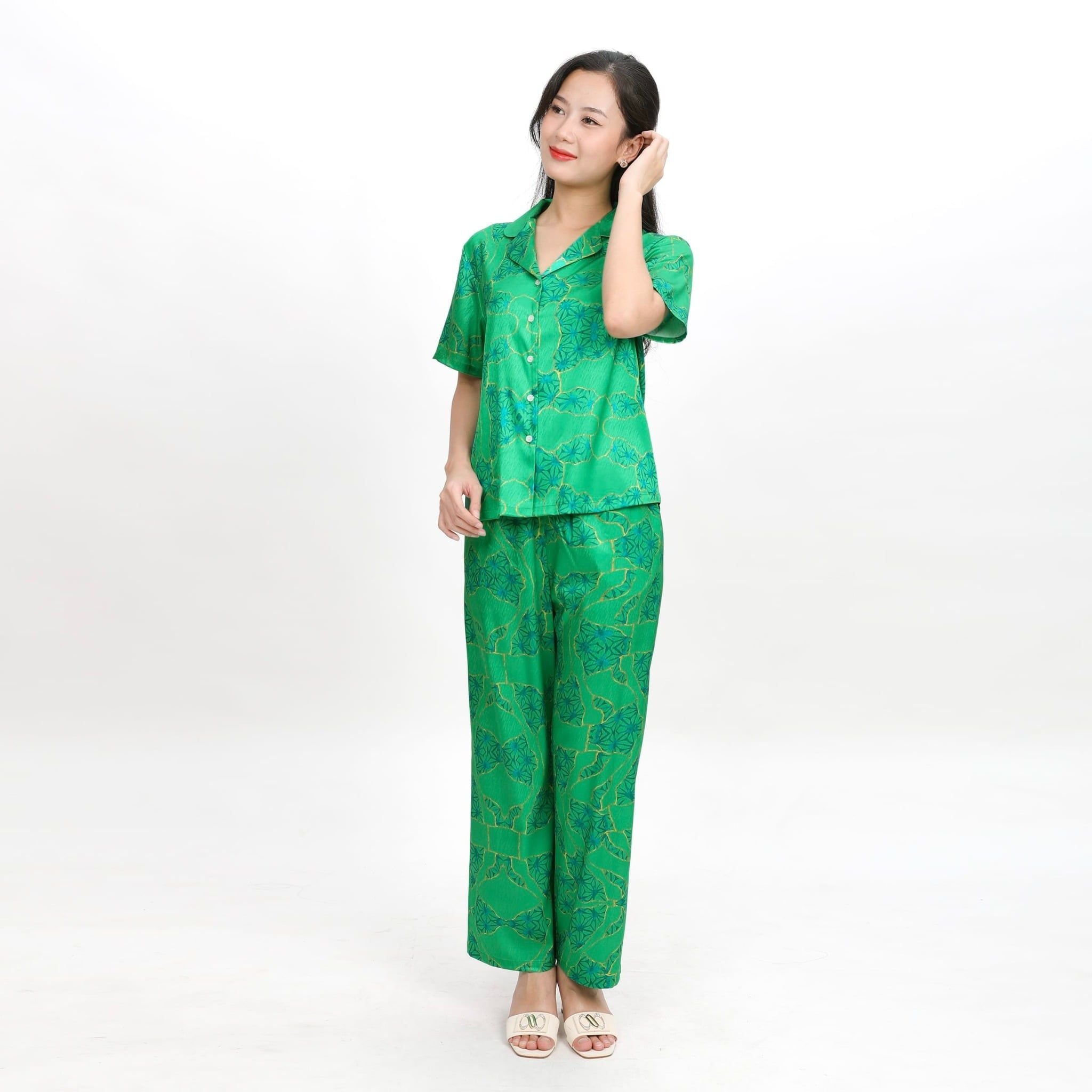 Set đồ bộ nữ kiểu quần dài tay ngắn in hoa chất lụa nhung BDTN 263p 6055
