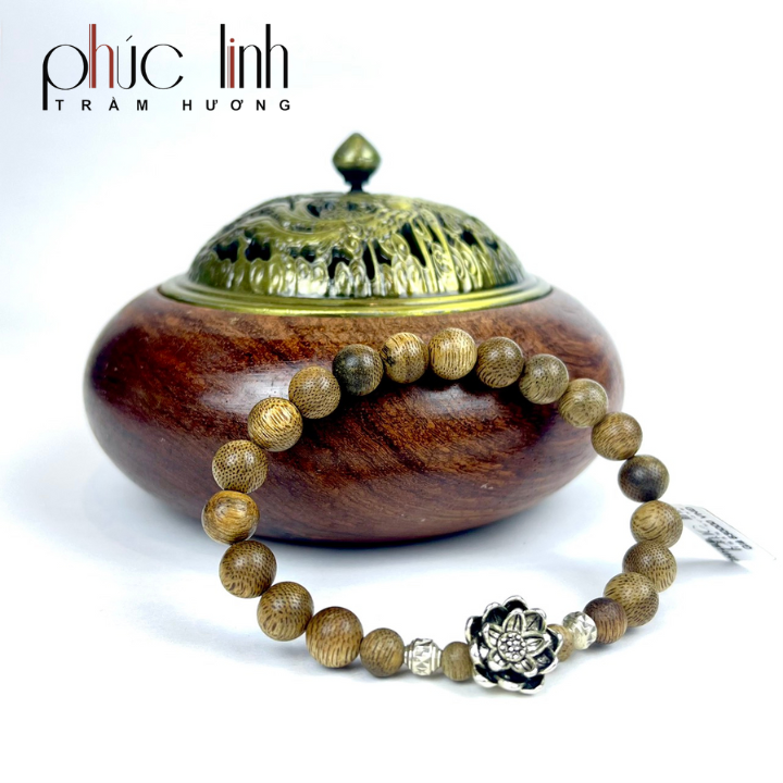 Vòng Tay Phúc Linh Tốc Xám Quằn 8ly Phối Charm Hoa Sen Mạ Bạc