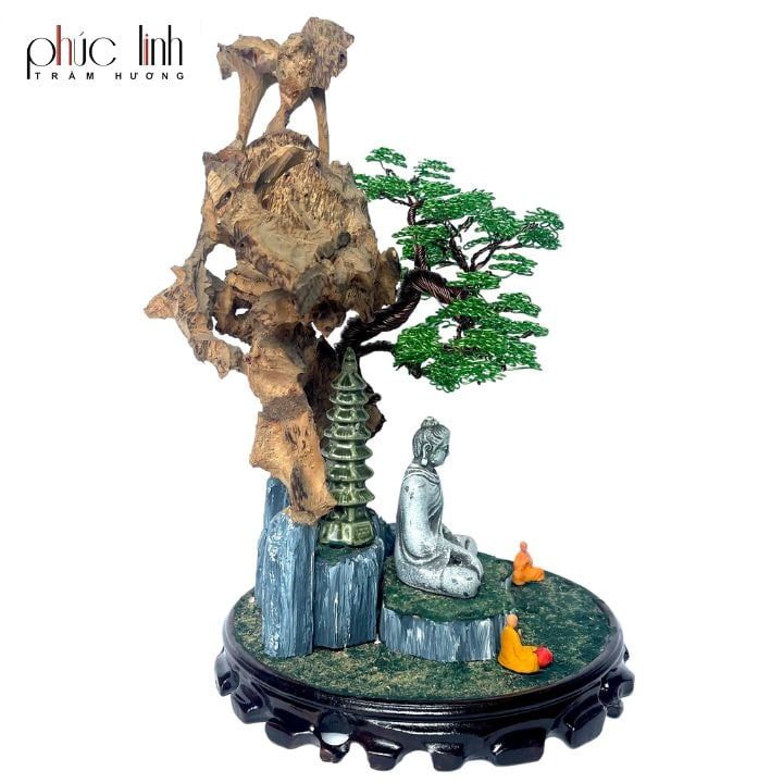 Cảnh Trầm Hương Bonsai Thác Khói Tán Tùng Phối Phật Bổn Sư 30cm