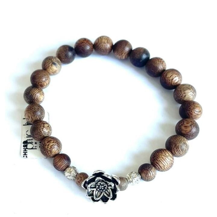 Vòng Tay Phúc Linh Tốc Xám Quằn 8ly Phối Charm Hoa Sen Mạ Bạc