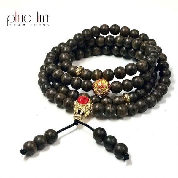 Vòng Cổ Tốc Tròn Ép Thêm Dầu Trầm Nguyên Chất Đặc Biệt 6ly Mix Charm Hồ Lô Đỏ