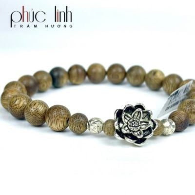 Vòng Tay Phúc Linh Tốc Xám Quằn 8ly Phối Charm Hoa Sen Mạ Bạc