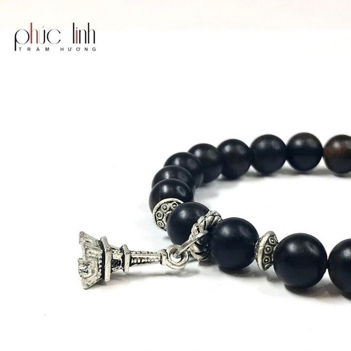 Vòng Tay Trầm Indo Ép Dầu Đen Mix Charm Bạc 8ly