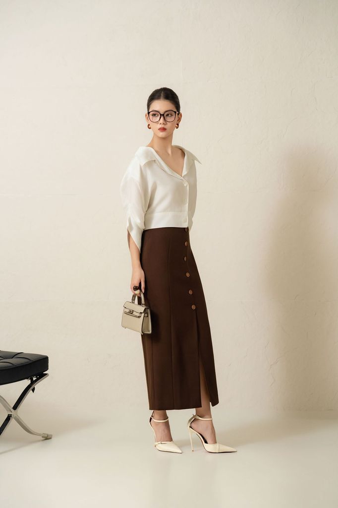 Chân Váy Midi Dáng Thẳng, Cài Cúc Nẹp Trước Nữ Aristina 9SK024BH0