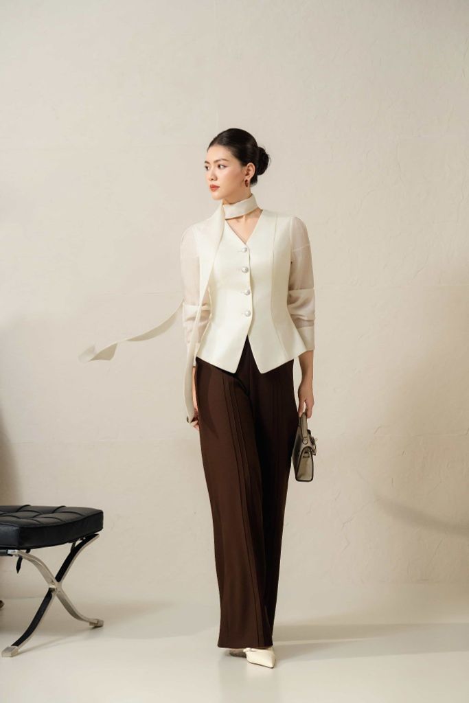 Áo Ký Giả Peplum Tay Phối Tơ Kèm Khăn Nữ Aristina 9LS009BH0