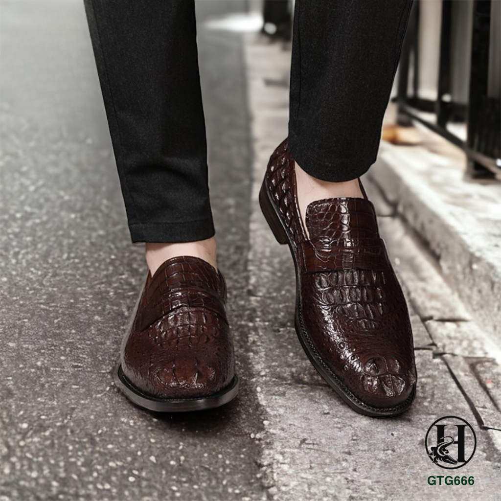 GIÀY TÂY OXFORD GTG666 KHÔNG DÂY DA GÙ CÁ SẤU THẬT LUXURY
