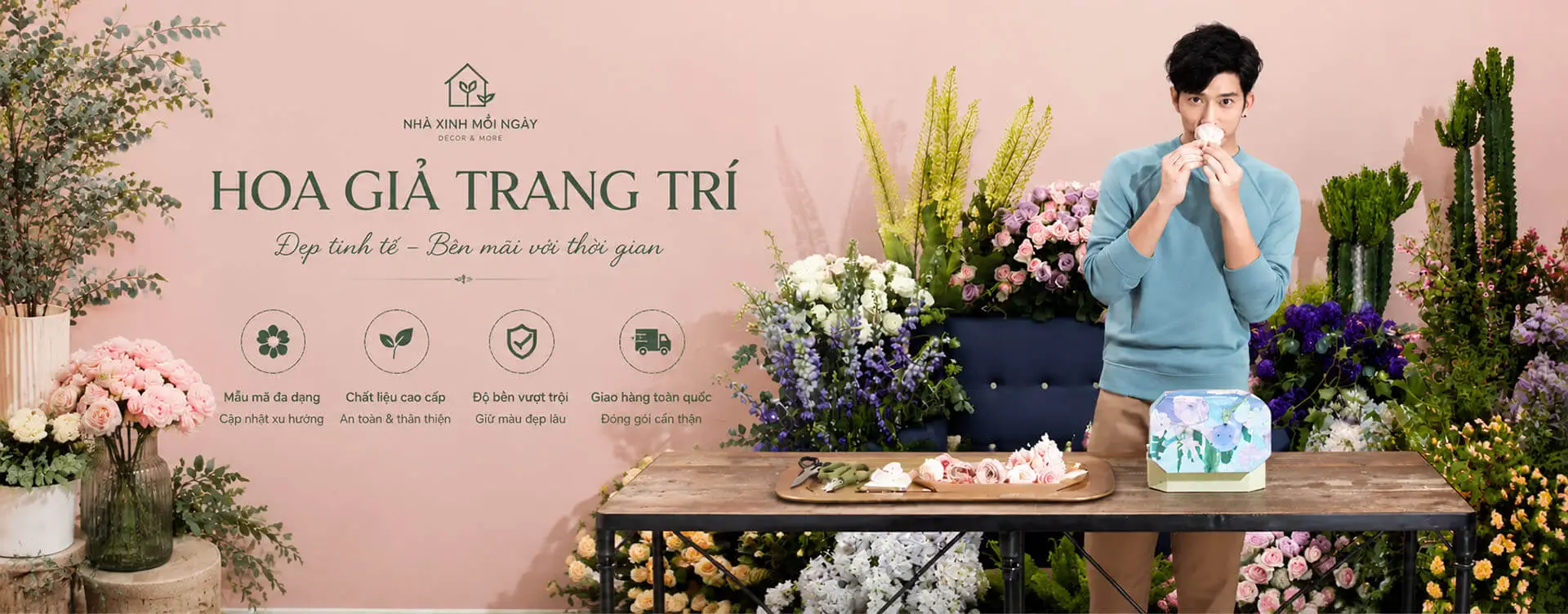 Hoa giả decor trang trí nhà - Banner