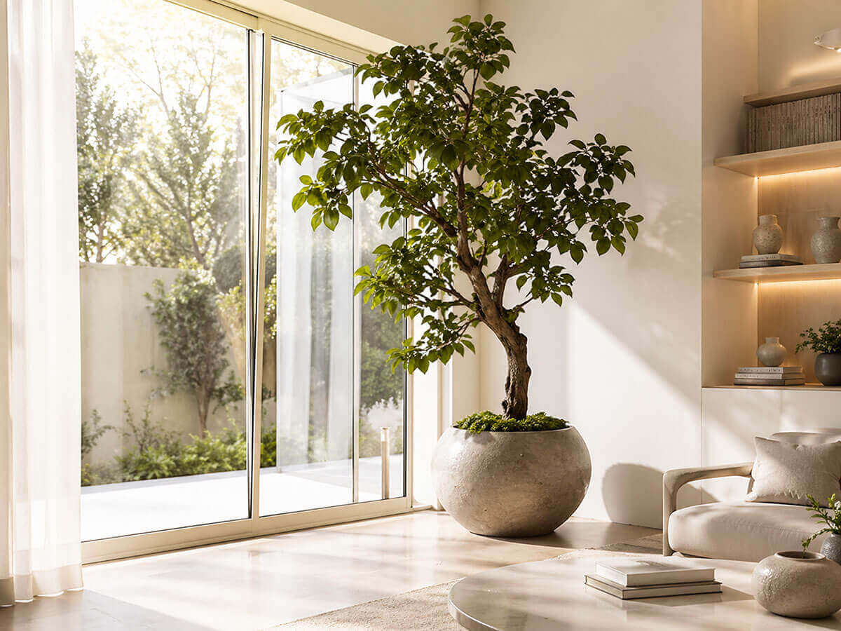 Thi công cây giả trang trí theo yêu cầu cho phòng khách showroom và văn phòng
