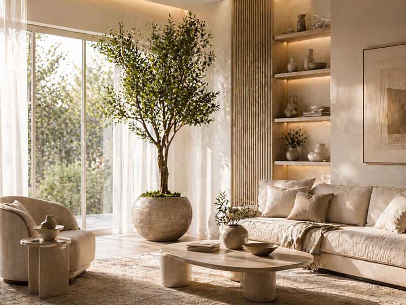 Cây giả trang trí phòng khách sang trọng