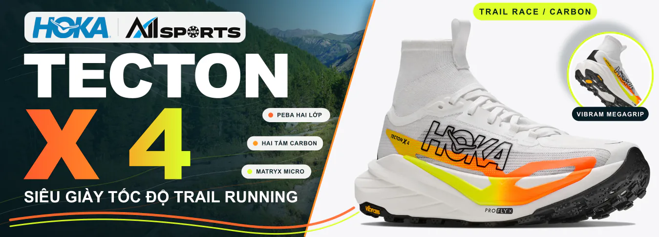 Khám phá HOKA Tecton X 4 tại AISPORTS: PROFLY X PEBA hai lớp, hai tấm carbon song song, MATRYX Micro và Vibram Megagrip Litebase cho trail race tốc độ.