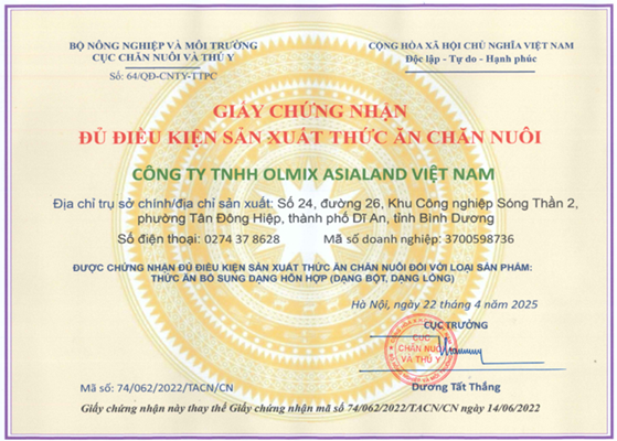 Giấy chứng nhận đủ điều kiện sản xuất thức ăn chăn nuôi