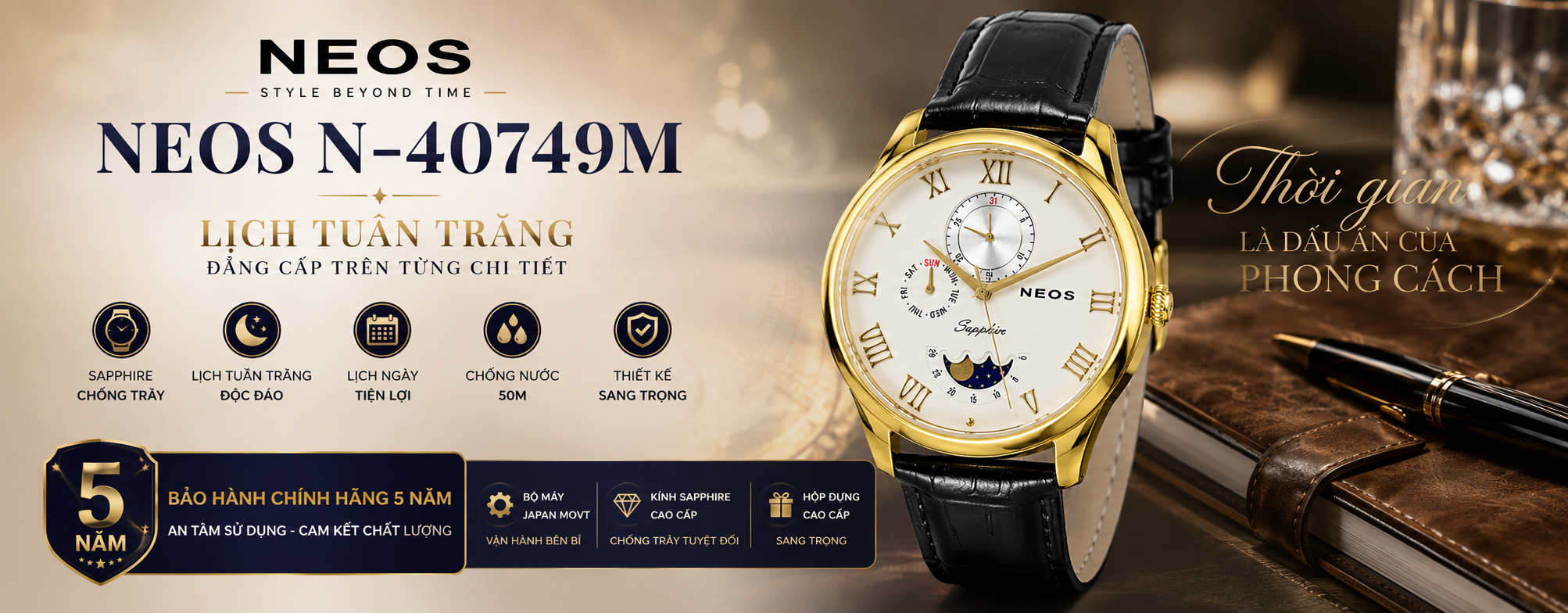 Đồng hồ Neos lịch tuần trăng