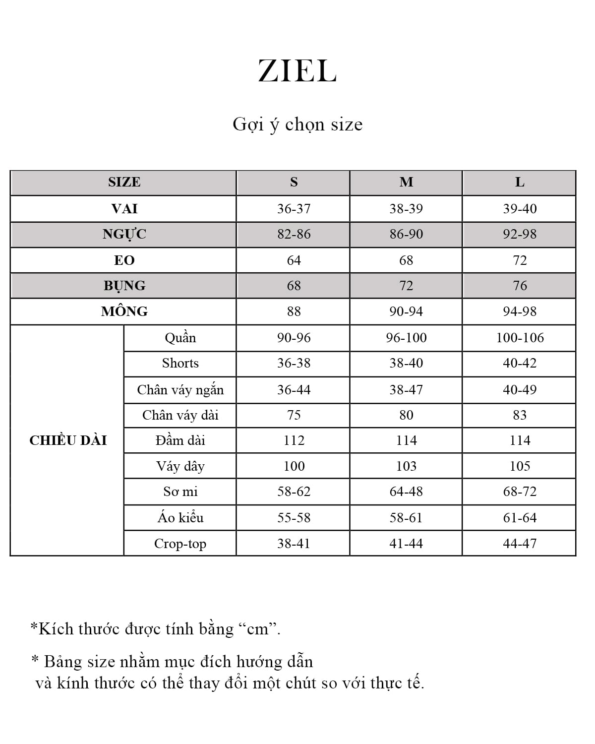 Bảng size ZIEL