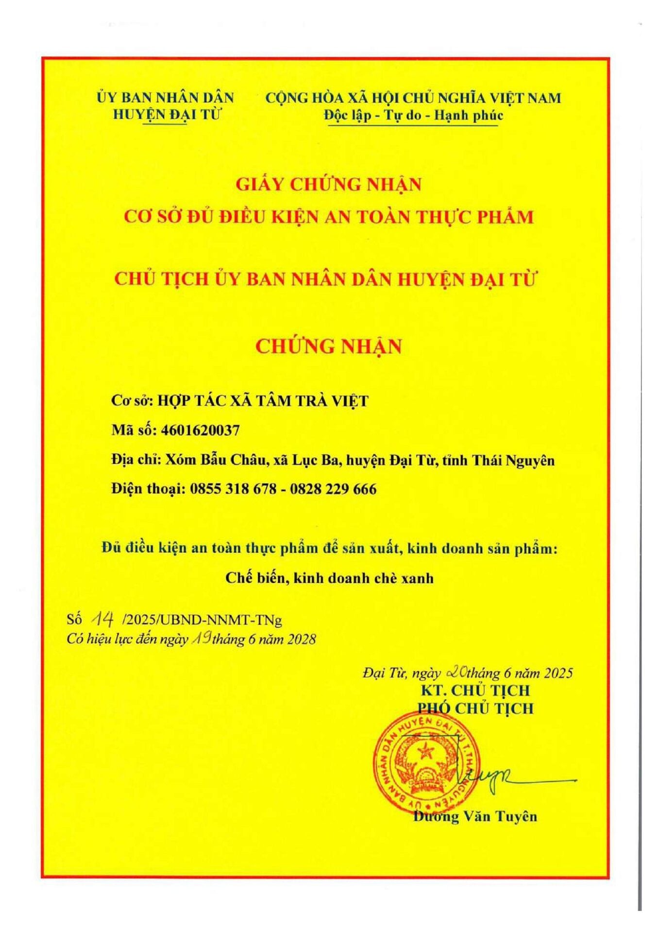 Giấy chứng nhận cơ sở đủ điều kiện an toàn thực phẩm của Hợp tác xã Tâm Trà Việt