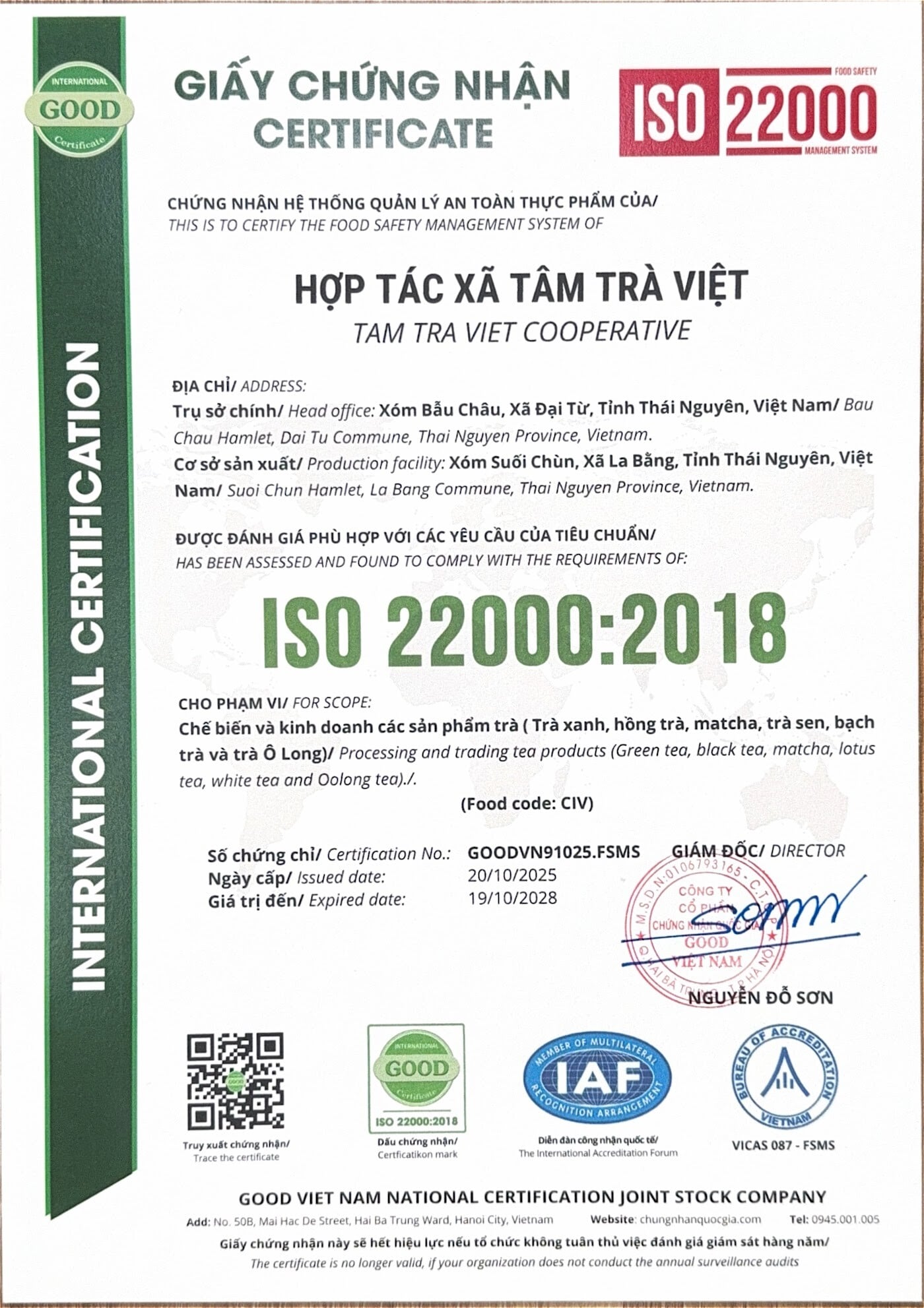 Giấy chứng nhận ISO 22000:2018 hệ thống quản lý an toàn thực phẩm của Hợp tác xã Tâm Trà Việt