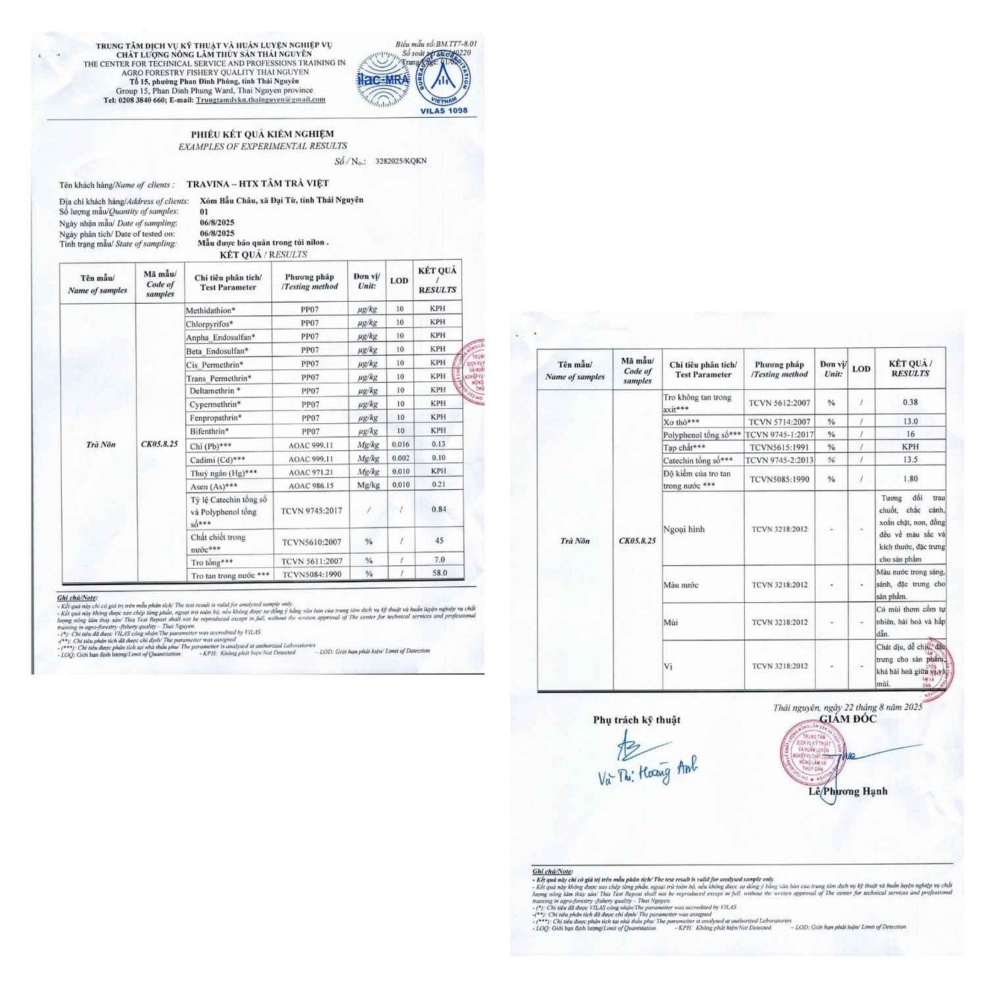 Phiếu kết quả kiểm nghiệm mẫu trà của Hợp tác xã Tâm Trà Việt tại phòng thử nghiệm VILAS 1098