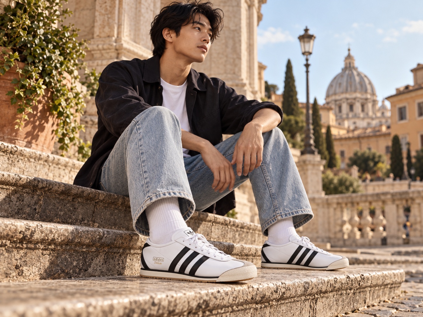 Gợi ý nam phối Adidas Italia 70s với washed denim