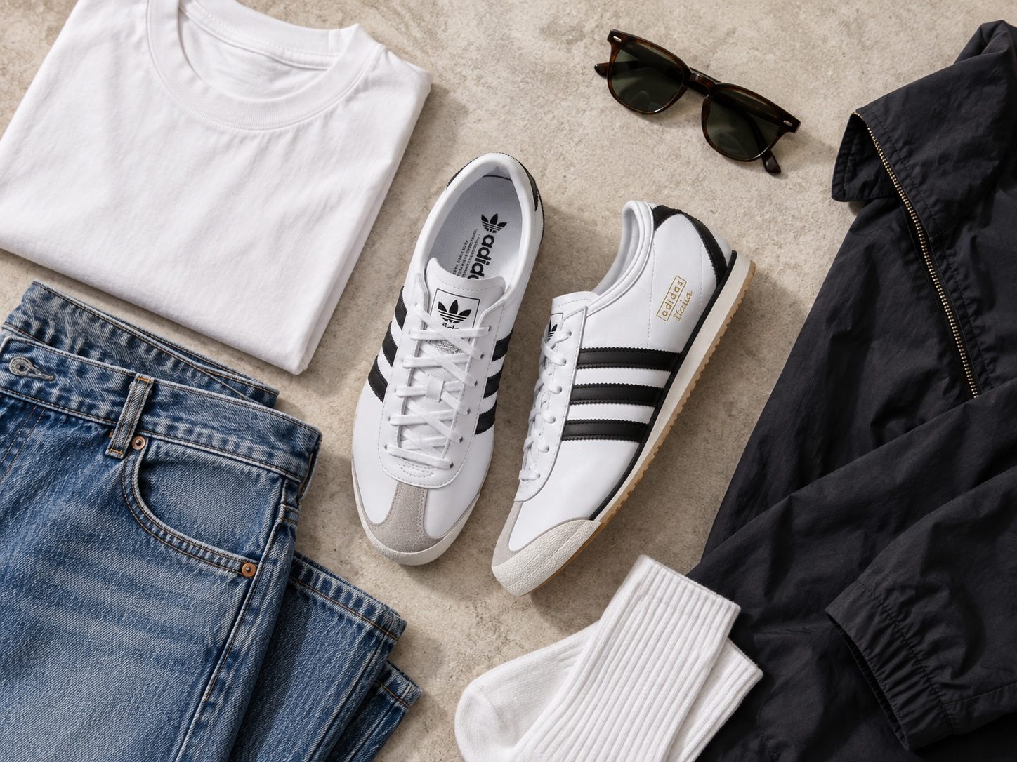 Flatlay Adidas Italia 70s với denim, áo thun trắng và jacket tối màu
