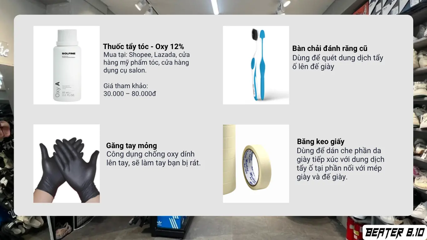 Sản phẩm và đồ bảo hộ dùng khi xử lý đế giày bị ố
