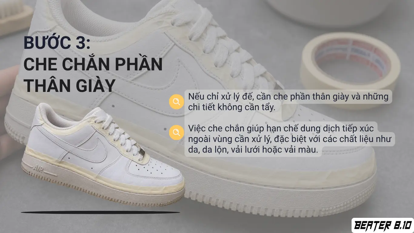 Che chắn thân giày bằng băng keo trước khi xử lý đế