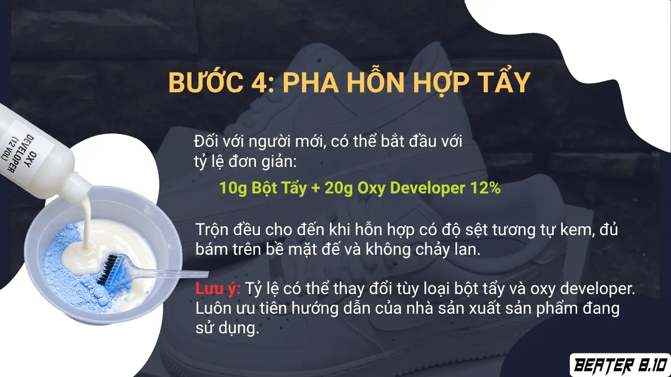 Pha hỗn hợp tẩy ố đế giày với độ sệt vừa phải