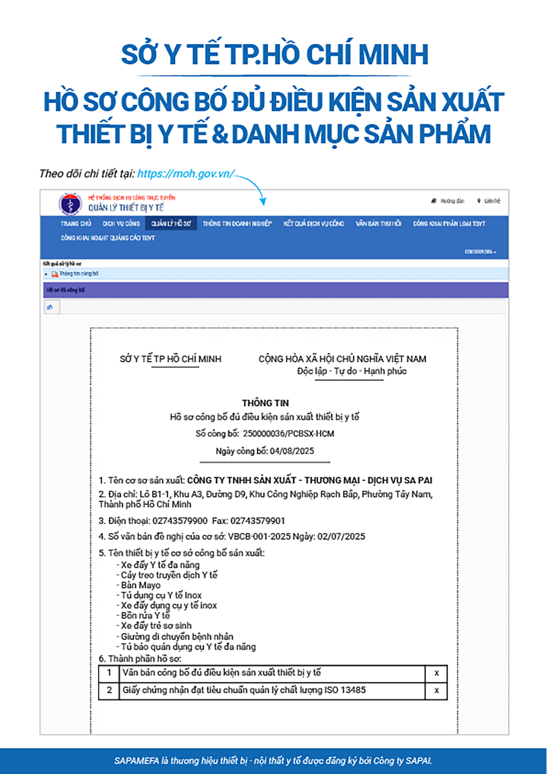 Hồ sơ công bố đủ điều kiện sản xuất thiết bị y tế — trang 1