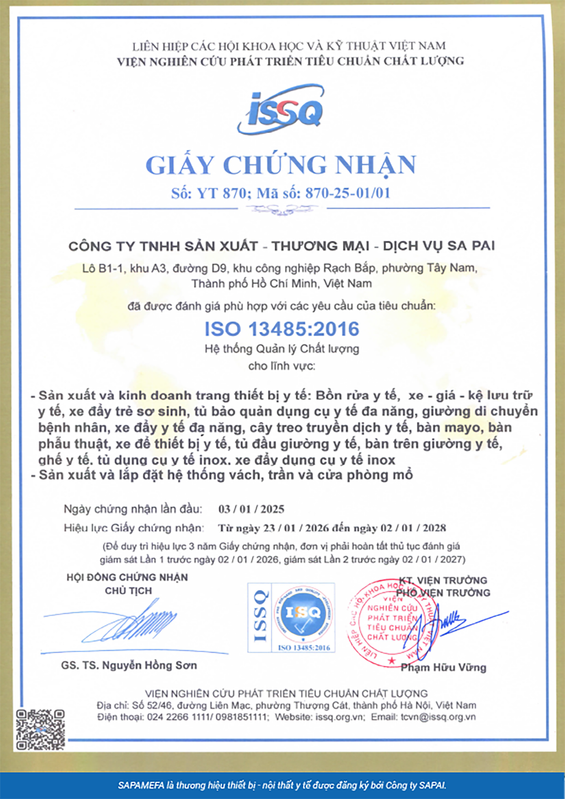 Chứng nhận ISO 13485:2016 bằng tiếng Việt