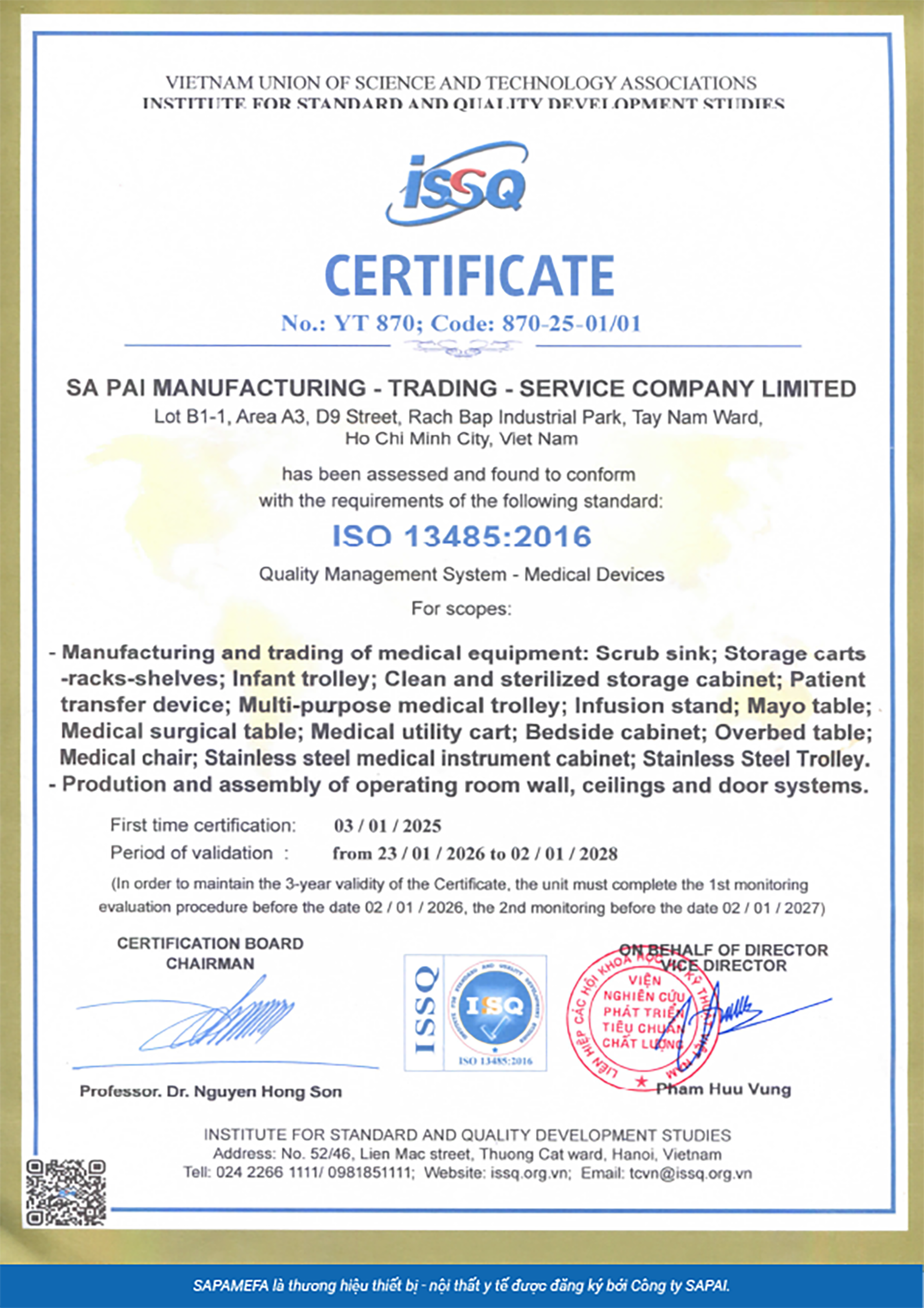 Chứng nhận ISO 13485:2016 bằng tiếng Anh