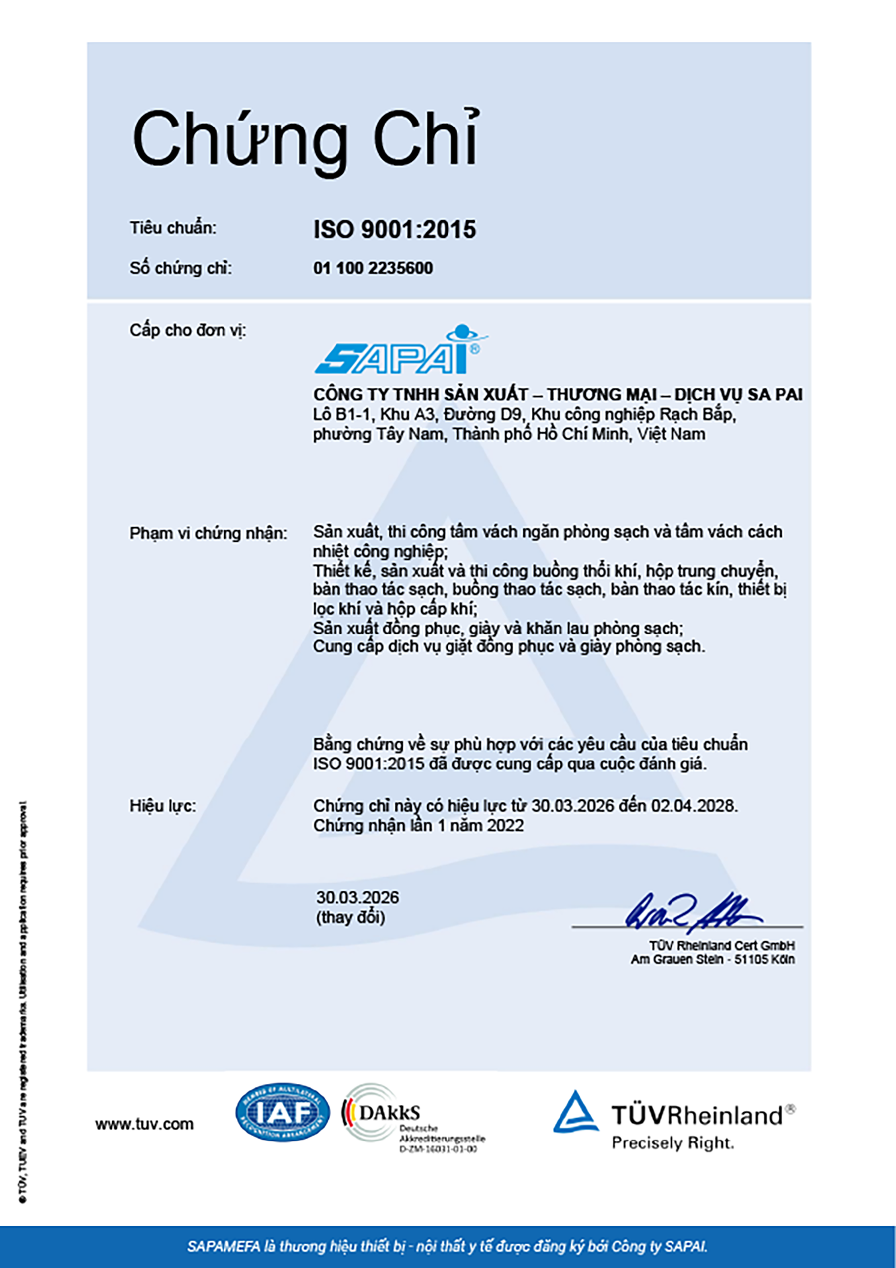 Chứng nhận ISO 9001:2015 bằng tiếng Việt