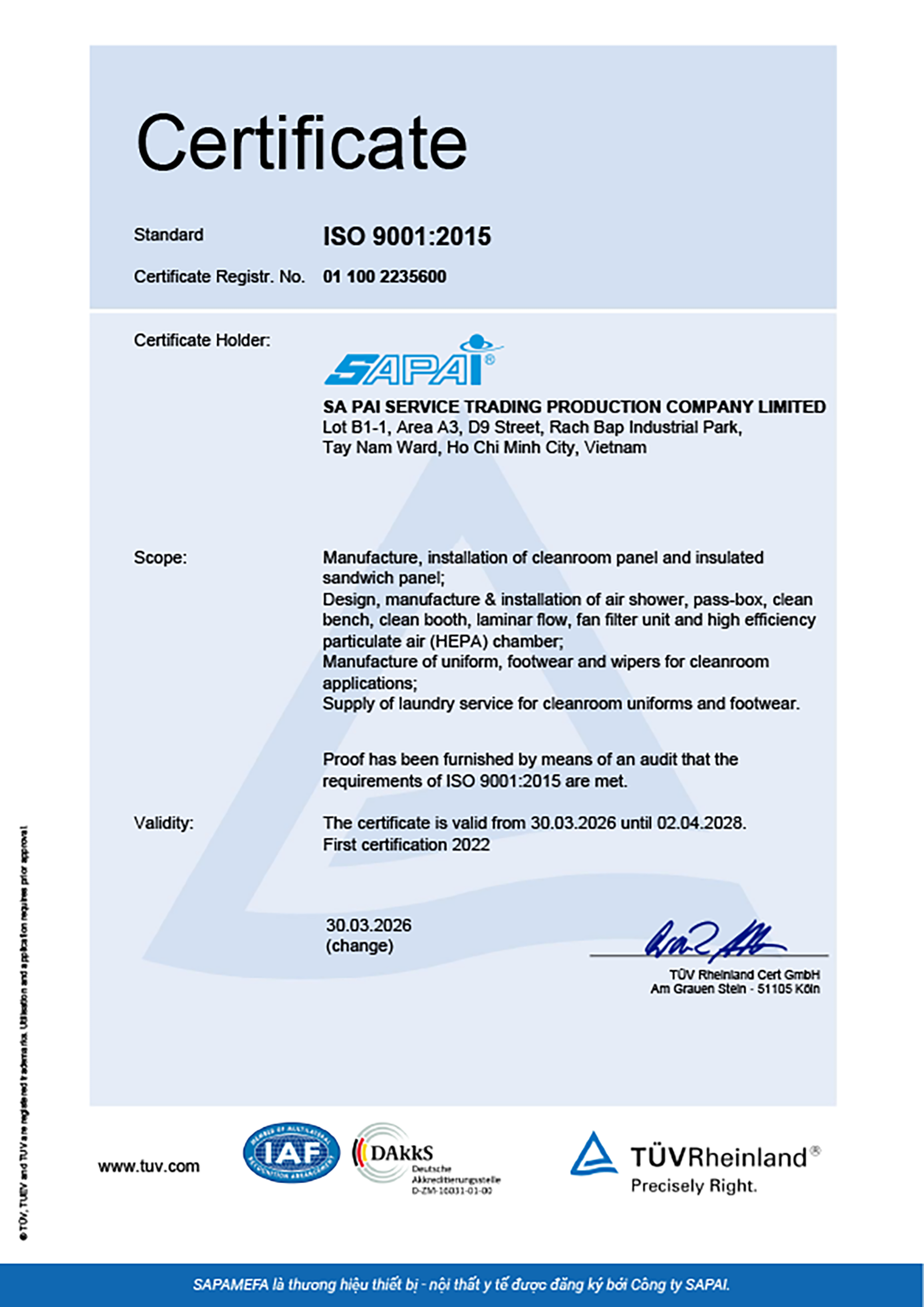 Chứng nhận ISO 9001:2015 bằng tiếng Anh