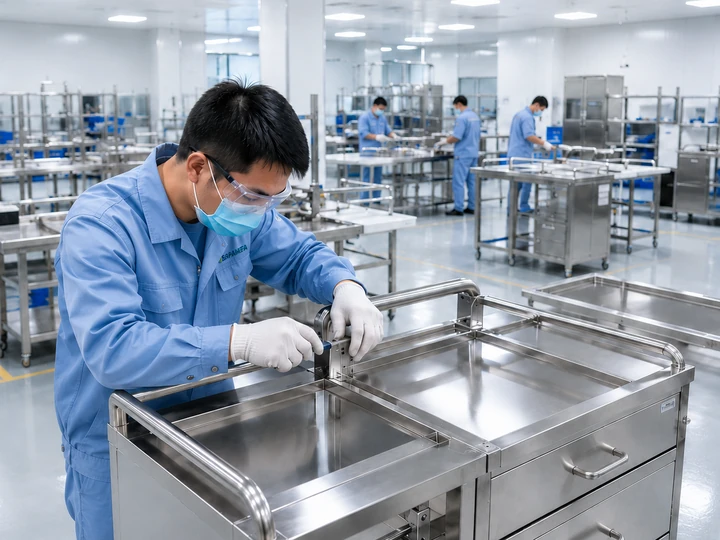 Nhân sự kỹ thuật lắp ráp thiết bị inox trong khu vực sản xuất