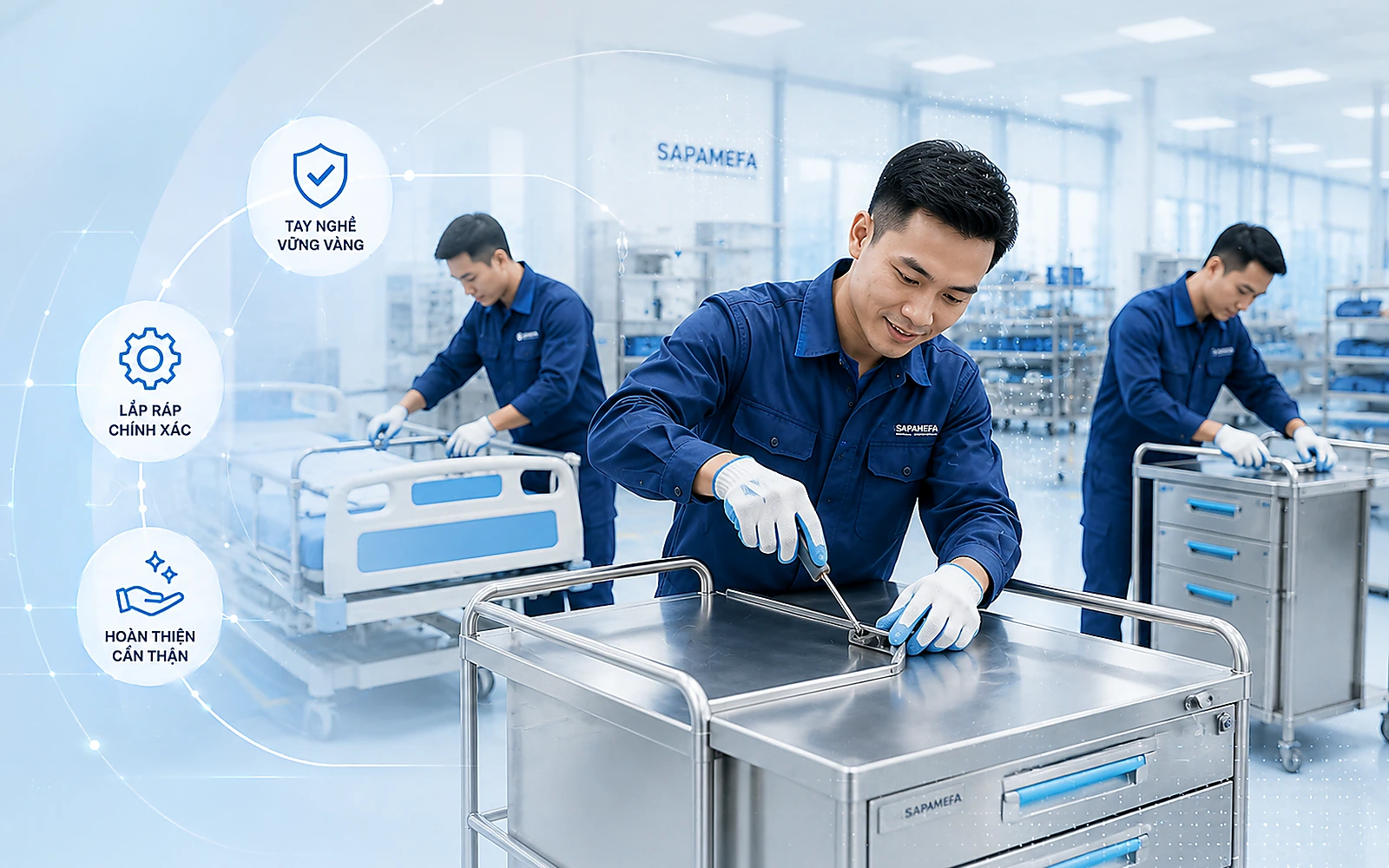 Công nhân kỹ thuật SAPAMEFA lắp ráp và hoàn thiện thiết bị y tế
