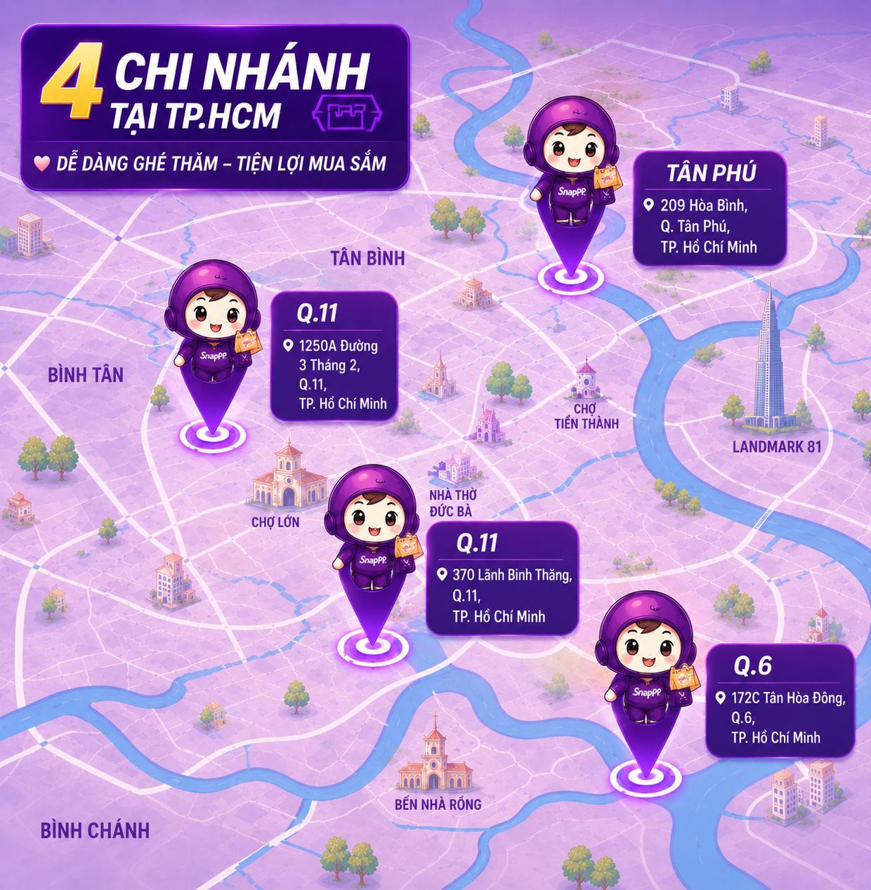 Bản đồ 4 chi nhánh Snapshop tại TP.HCM: Quận 11 (2 cửa hàng), Tân Phú và Quận 6